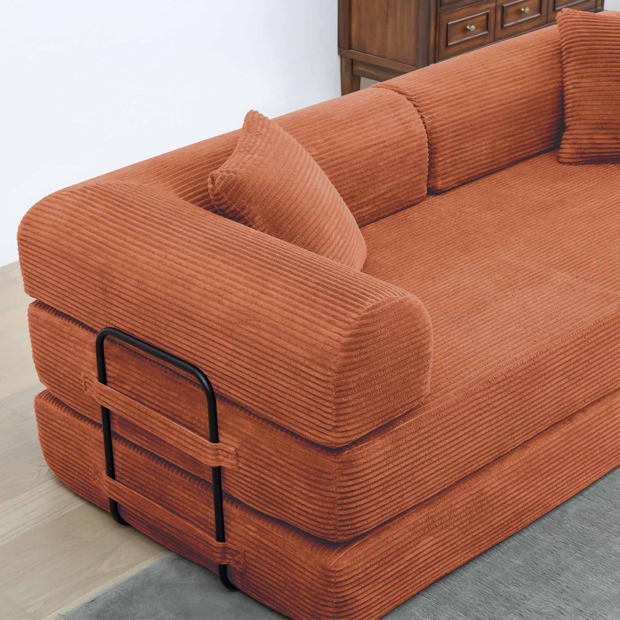 Miniyam Convertible Sleeper Sofa Bed with Cylindrical Pillow - Corduroy Folding Mattress Couch with Fixed-Shape Frame for Living Room, Bedroom, Lounge, Studio - Orange