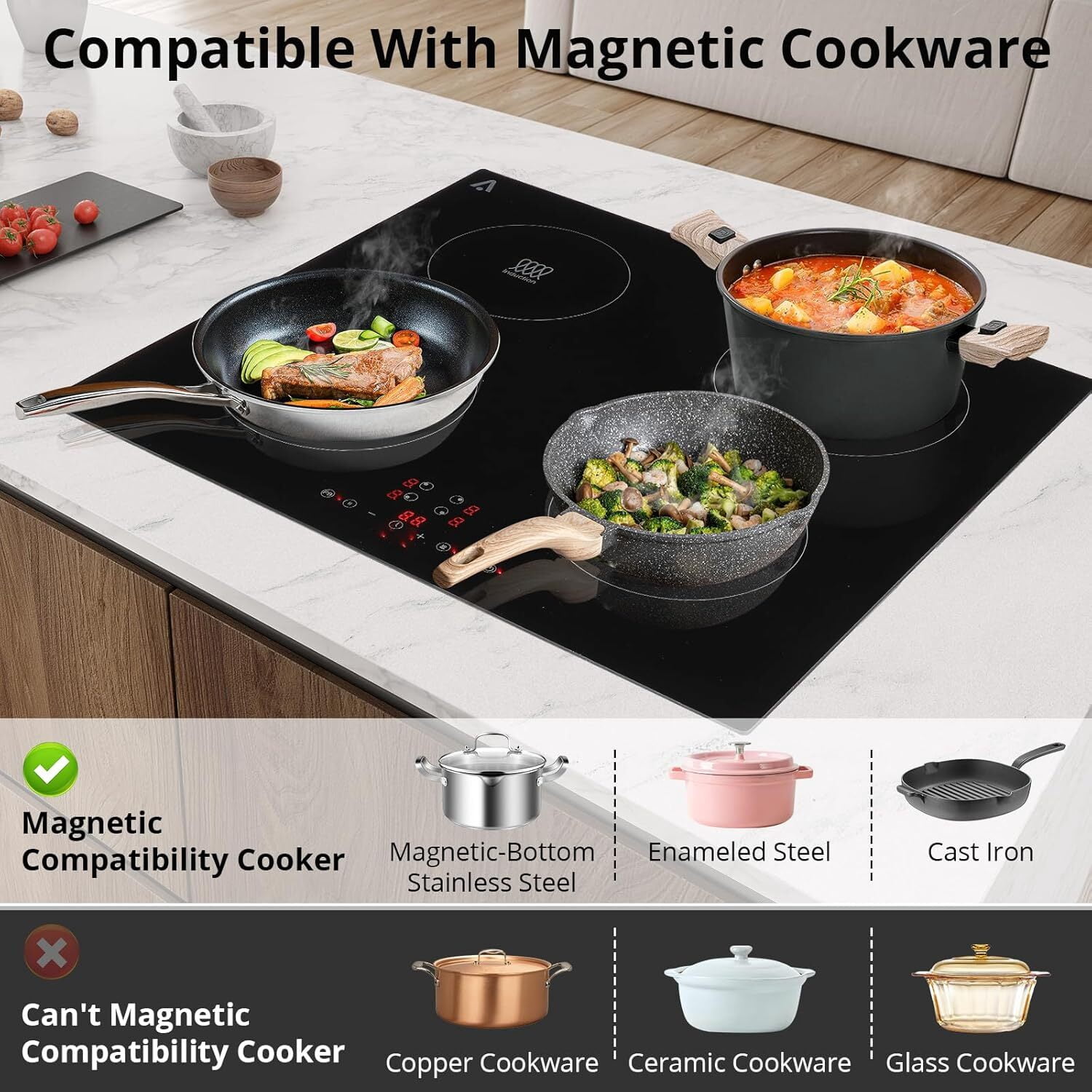 Aoile 4 Burner Electric Cooktop, 7400W Built-in Electric Stove Top with Overheat Protection, Kids Lock & Timer, 240V, Black