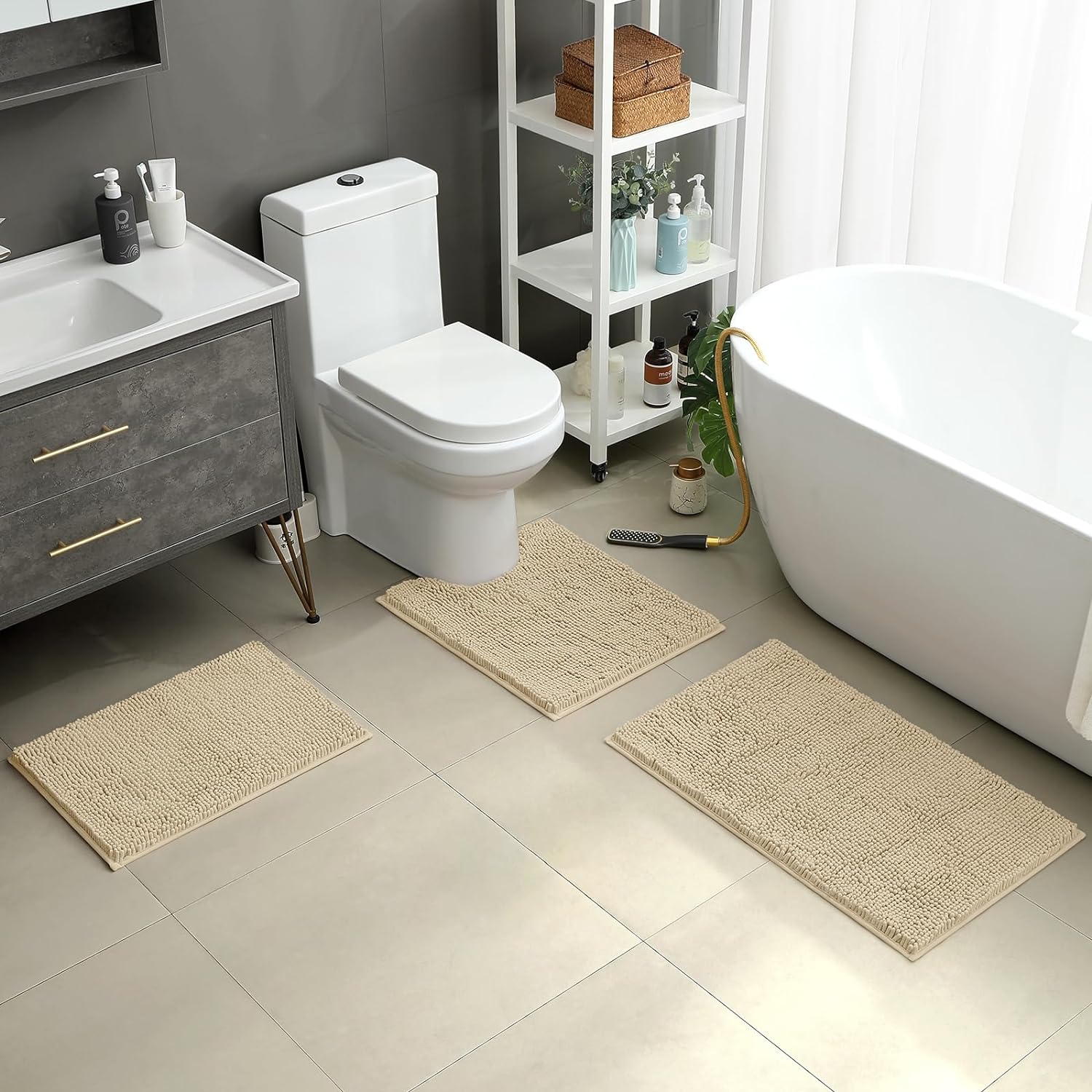 Luxury Chenille Bath Rugs Bathroom Mats Absorbent Non-Slip Capet, 3 Piece Set