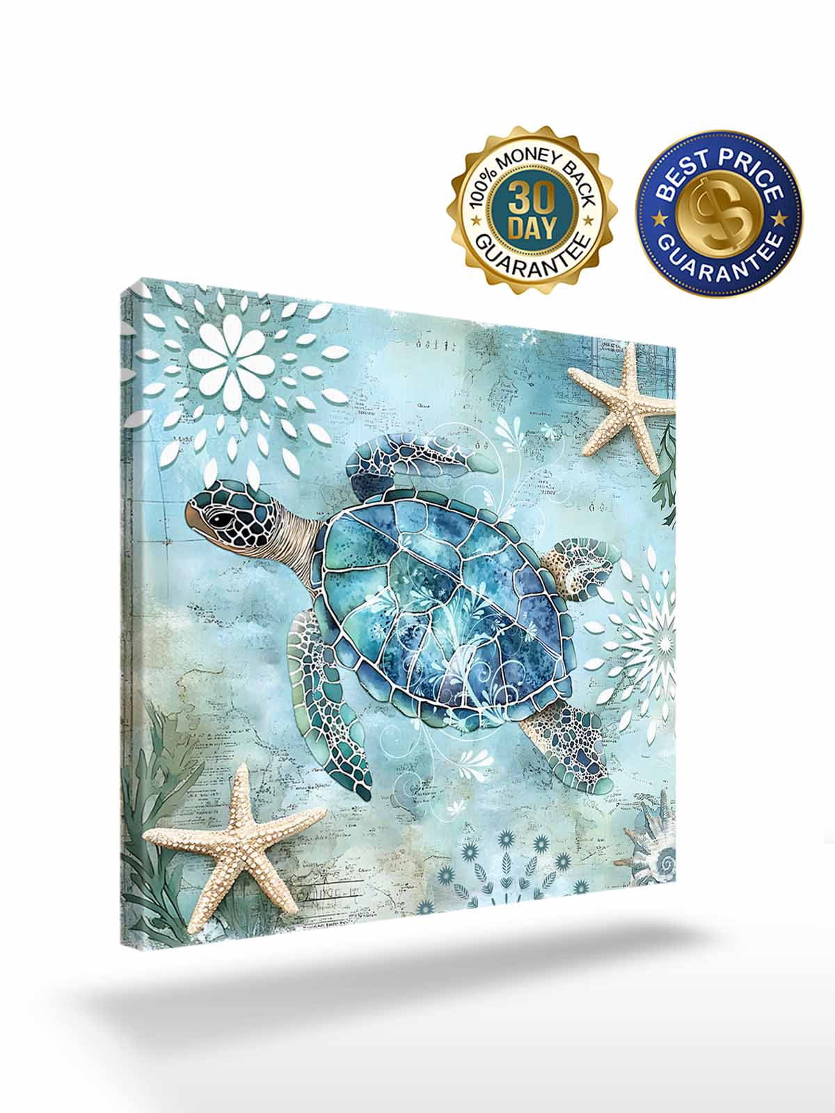 Ocean Sea Canvas Wall Art, Turtle Starfish Undersea Nautical Vintage Blue Framed Wall Decor Modern Artwork Prints Painting for Living Room, Bedroom, Kitchen & Cafe Decor 16x16 Inch