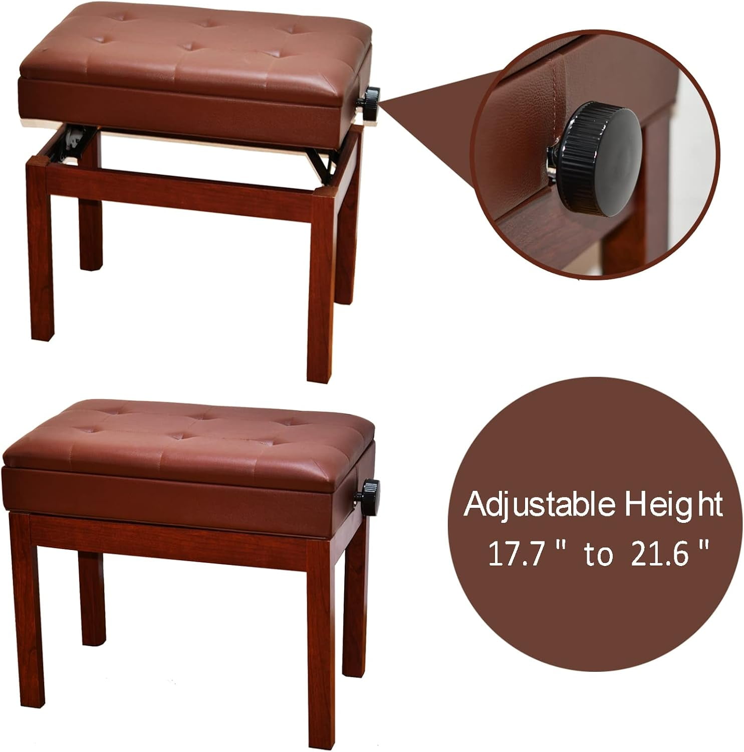 Piano Bench Adjustable with Storage, Brown Piano Bench Cushions Leather & Solid Wood,Music Bench, Piano Stool