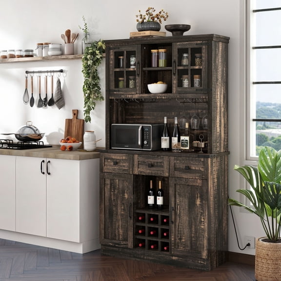 Craftian Wine Cabinet with Drawers & LED Lights, Buffet Sideboard Cabinet with Wine Rack & Power Outlets, Dark Oak