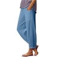 thumbnail image 3 of Womens Cotton Linen Pants Summer 2026 Dressy Casual Elastic High Waisted Loose Fit Straight Wide Leg Lounge Trousers Blue M, 3 of 6