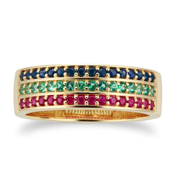 Lab Created Ruby, Emerald & Sapphire Half Eternity Ring in Sterling Silver – A Vibrant Symbol of Everlasting Love and Elegance