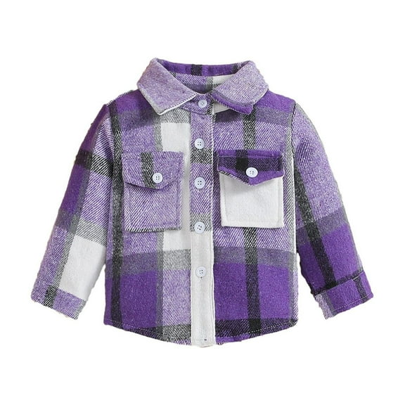 Mercatoo Toddler Kids Baby Boys Girls Plaid Flannel Shirt Purple Long Sleeve Button Down Lapel Shacket Cowboy Outerwear