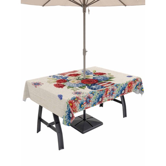 Outdoor Tablecloth with Umbrella Hole for Patio/Picnic/Party/Camping, 4th of July Floral Waterproof Table Cloth Rectangle Table Cover Washable, Vintage Red Blue Roses Patriotic (60"x 120")