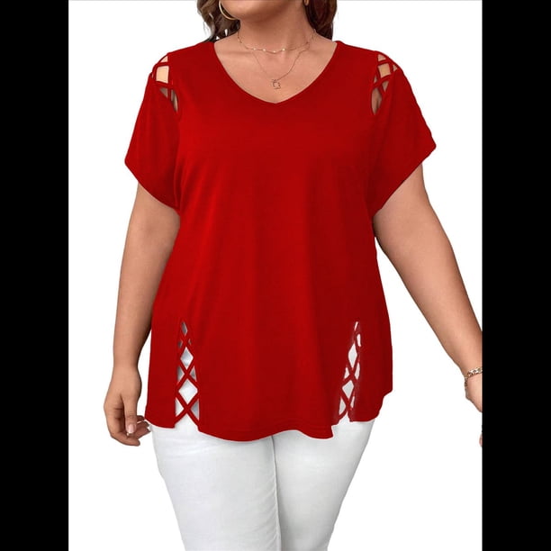 Blusas Tipo Túnica de Corta para Mujer, con Escote en V Recortado, Elegantes, Informales, Holgadas y Largas Rojo 4XL