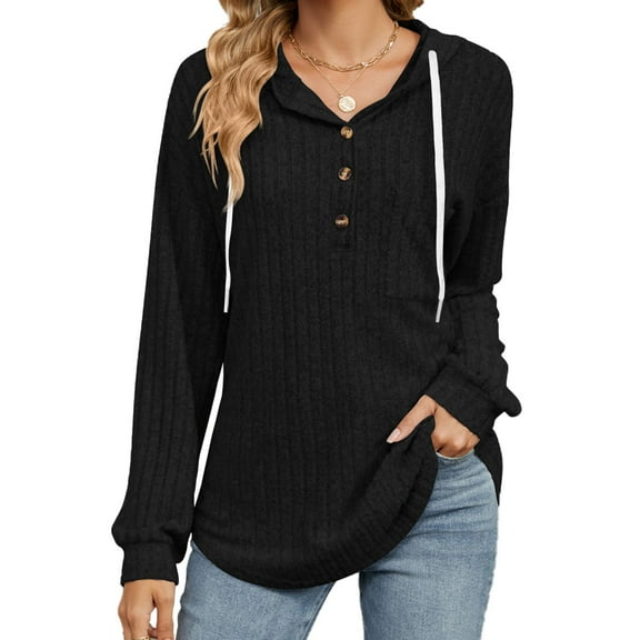 Women's Hoodie Sweatshirts Shirt Trendy V Neck Button Hooded Long Sleeve Shirts Solid Colour Fashion Loose Fit Pullover Tops Comfy (Black,Medium)
