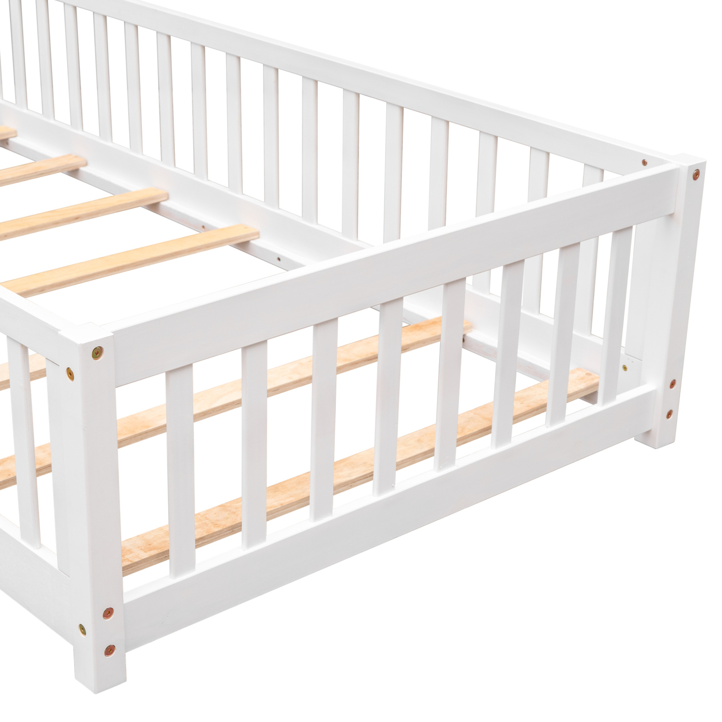 Twin Size Floor Bed, Montessori Floor Bed with Fence Rails and Door Design, Playhouse Bed Frame, Wooden Slats Support, White