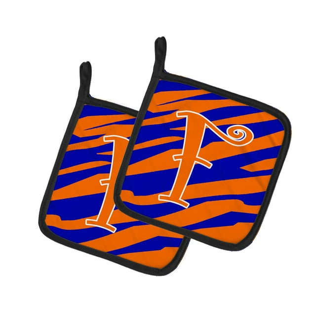 ""Caroline'S Treasures Monograma Inicial F Raya De Tigre Azul Y Naranja Par De Agarraderas Cj1036-Fpthd 7.5Hx7.5W Multicolor""