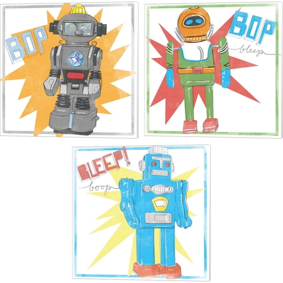 Great Art Now Toy Tin Robots by Jennifer Parker 3 Piece Canvas Art Set Each 14"W x 14"H