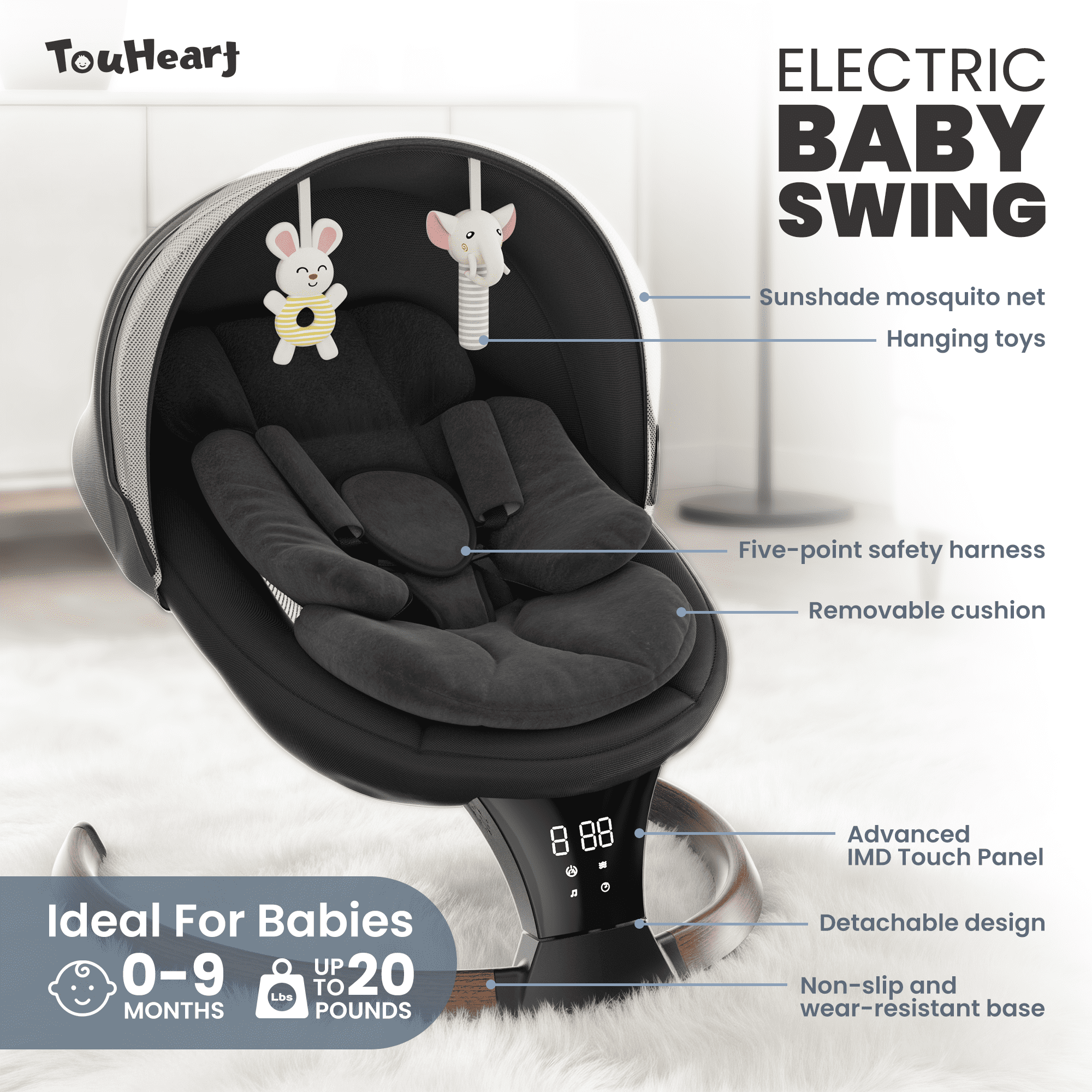 TouHeart Electric Baby Swing for Infant,5-Speed Sway & Vibration, Remote Control,10 Lullabies,Black