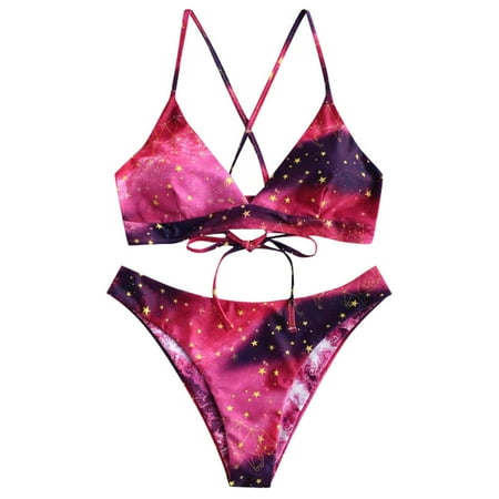 

NECHOLOGY Women Swimsuit Size 16 Ladies Separate Suspender Star Gradual Printed Bikini Pure-color Sports Bra Swimsuit Top Underwear Hot Pink X-Large