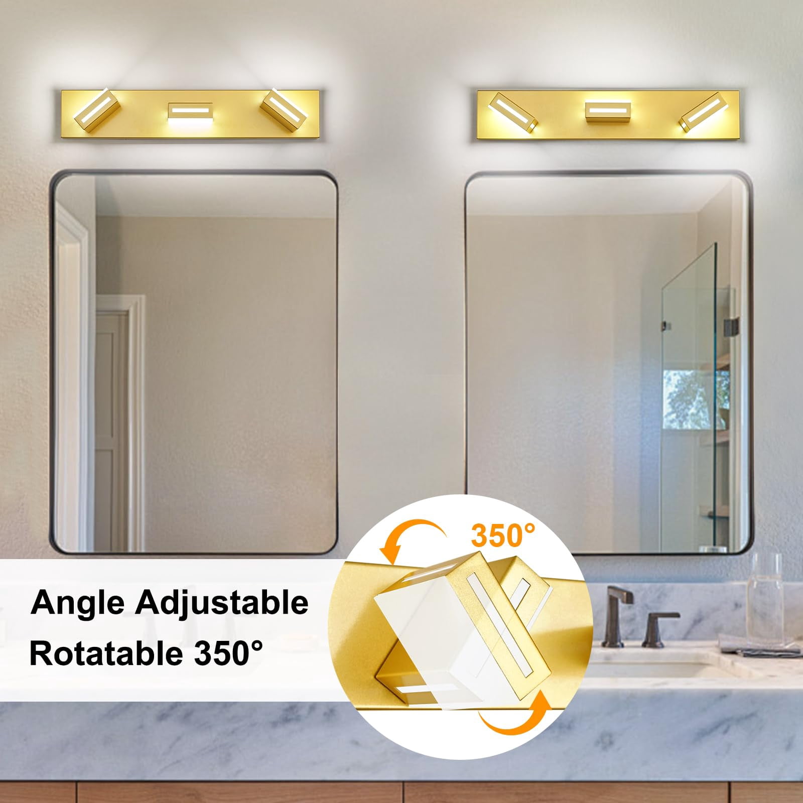 Led Modern Bathroom Light Fixtures  3-light 24-inch Gold Vanity Lights For Lighting Over Mirror 6000k Cool White 350° Rotatable Wall Lamp
