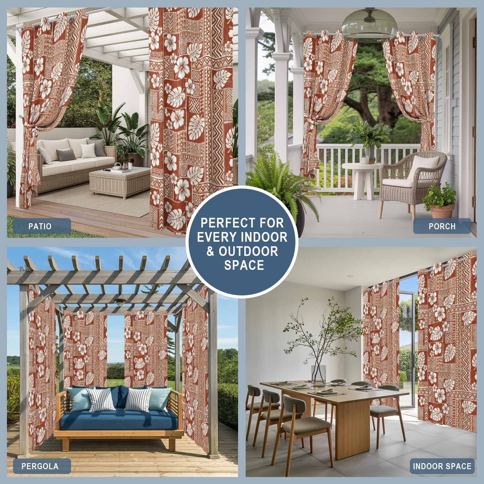 Tropical Blooms Outdoor Curtains for Patio, Summer Vintage Floral Brown Plaid Farmhouse Sunshade Privacy Drapes Grommet Waterproof Outside Curtains for Porch/Cabana/Balcony 54"x 108", 1 Panel