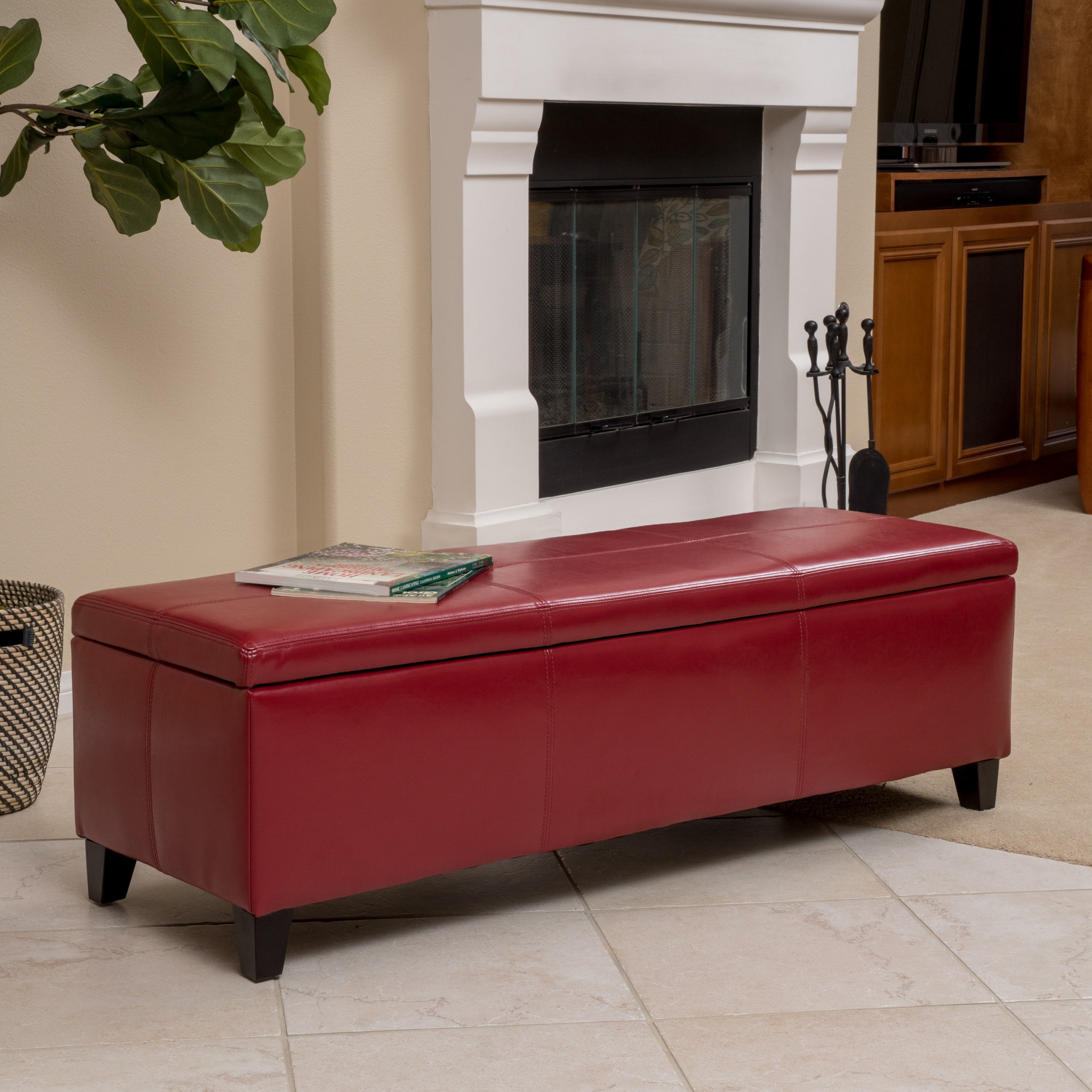 Noble House Gentry Red Faux Leather Storage Ottoman