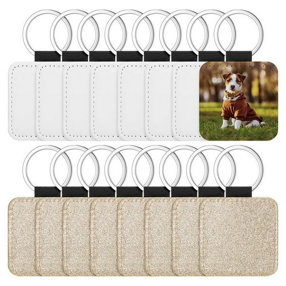16 Pcs Sublimation Blanks Keychain Glitter PU Leather Keychain Heat Transfer Keyring for DIY Crafts Makin