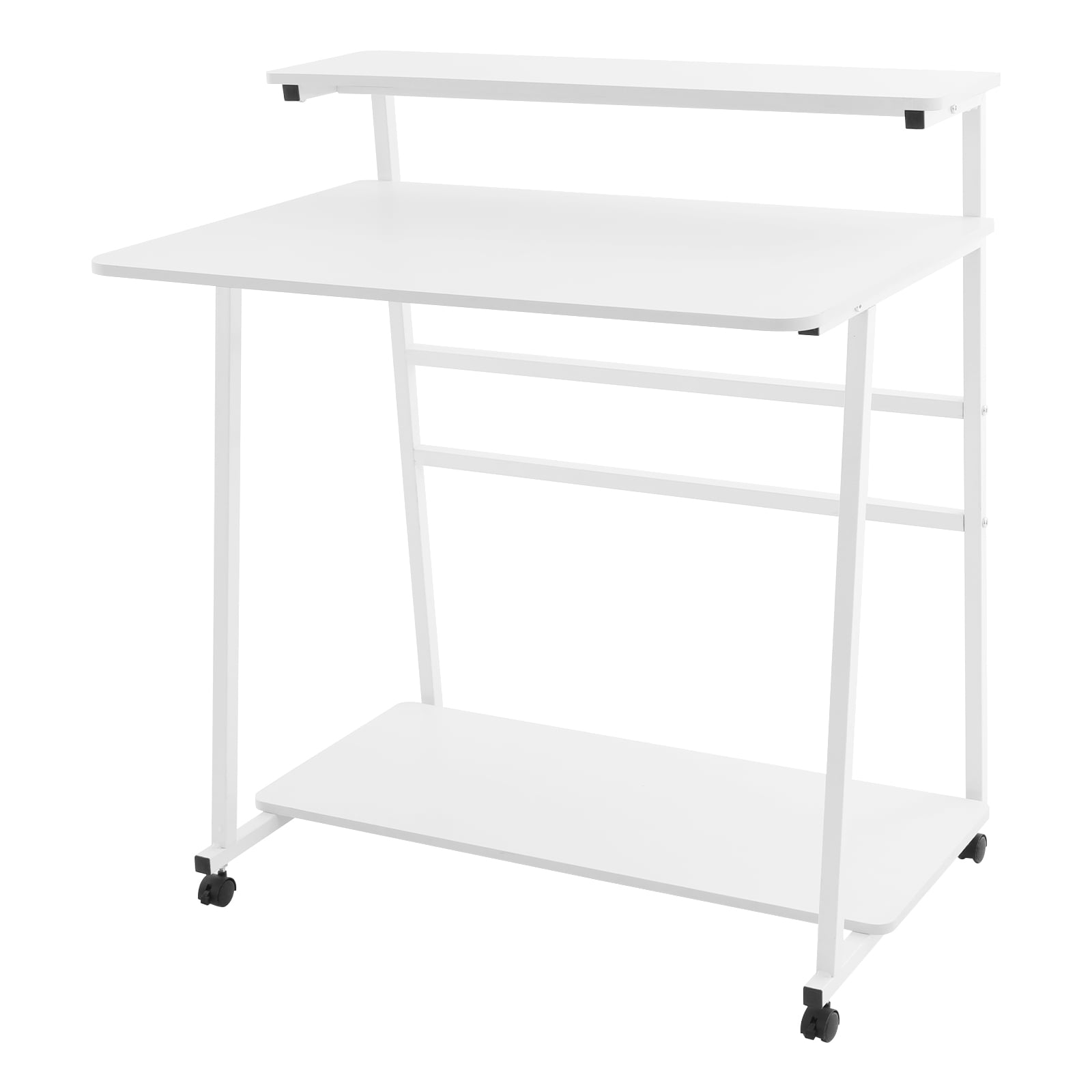 Free Standing Home Office Desk, Rolling 3-Tier Computer Desk (White)