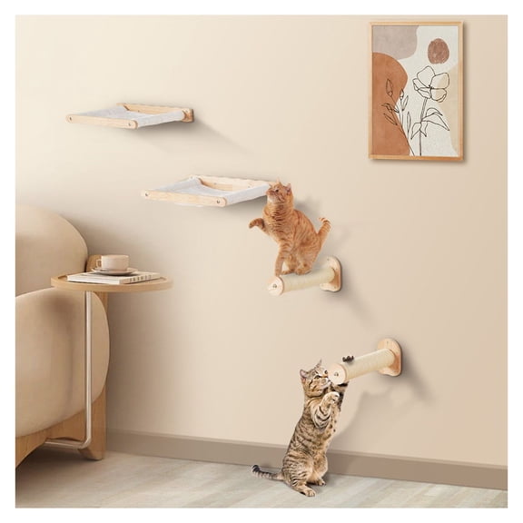 Wall Mounted Cat Shelves, Cat Wall Perches with Posts & Hammocks, Up to 40lbs, Coral Fleece, Set of 4