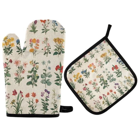 Yayeee Oven Mitts and Pot Holder Set of 2 Heat Resistant Kitchen Gloves Baking Hot Pad, Red Floral