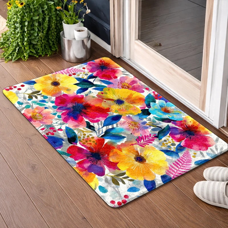 Waterproof Non-Slip Rubber Backed Flannel Floor Mat, Colorful Watercolor Floral, Machine Washable, for Indoor Outdoor Living Room Bedroom Kitchen Bathroom Balcony Porch Entryway Doormat Rug