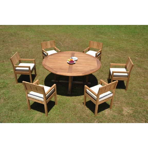 Grade-A Teak Dining Set: 6 Seater 7 Pc: 72" Round Table And 6 Veranda Arm Chairs Outdoor Patio WholesaleTeak #WMVRq