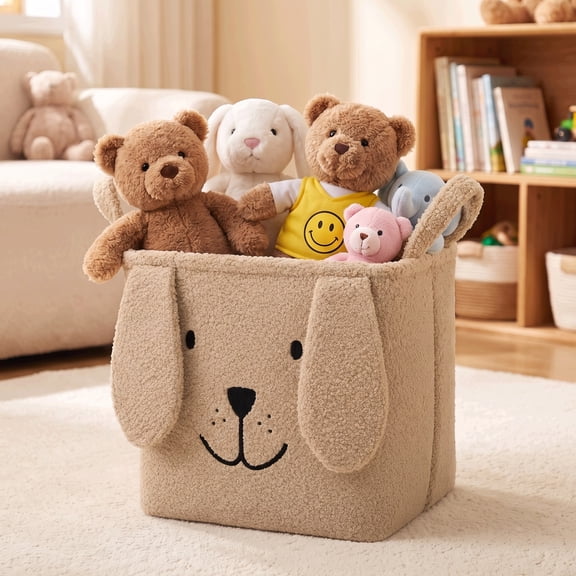 Foldable Cube Storage Bin with Rabbit Shape, 13 x 13 Inch Plush Storage Cube with Handles for Home, Khaki