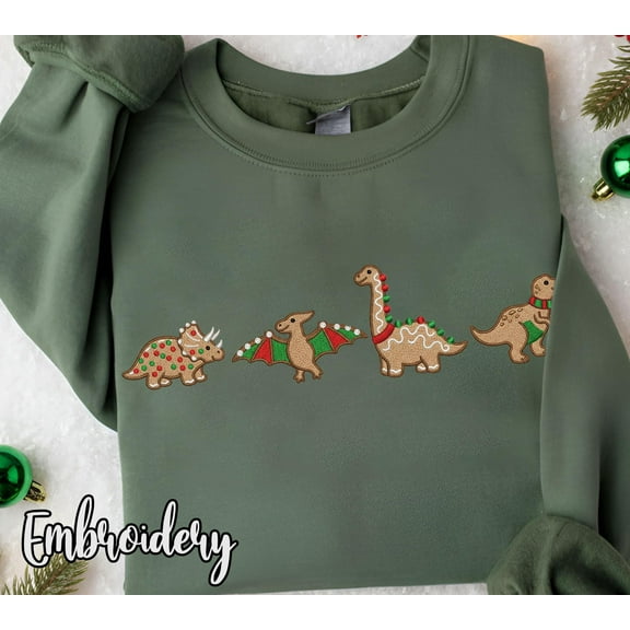 Embroidered Gingerbread Dinosaur Christmas Sweatshirt Hoodie: Holiday Dino Lovers Crewneck