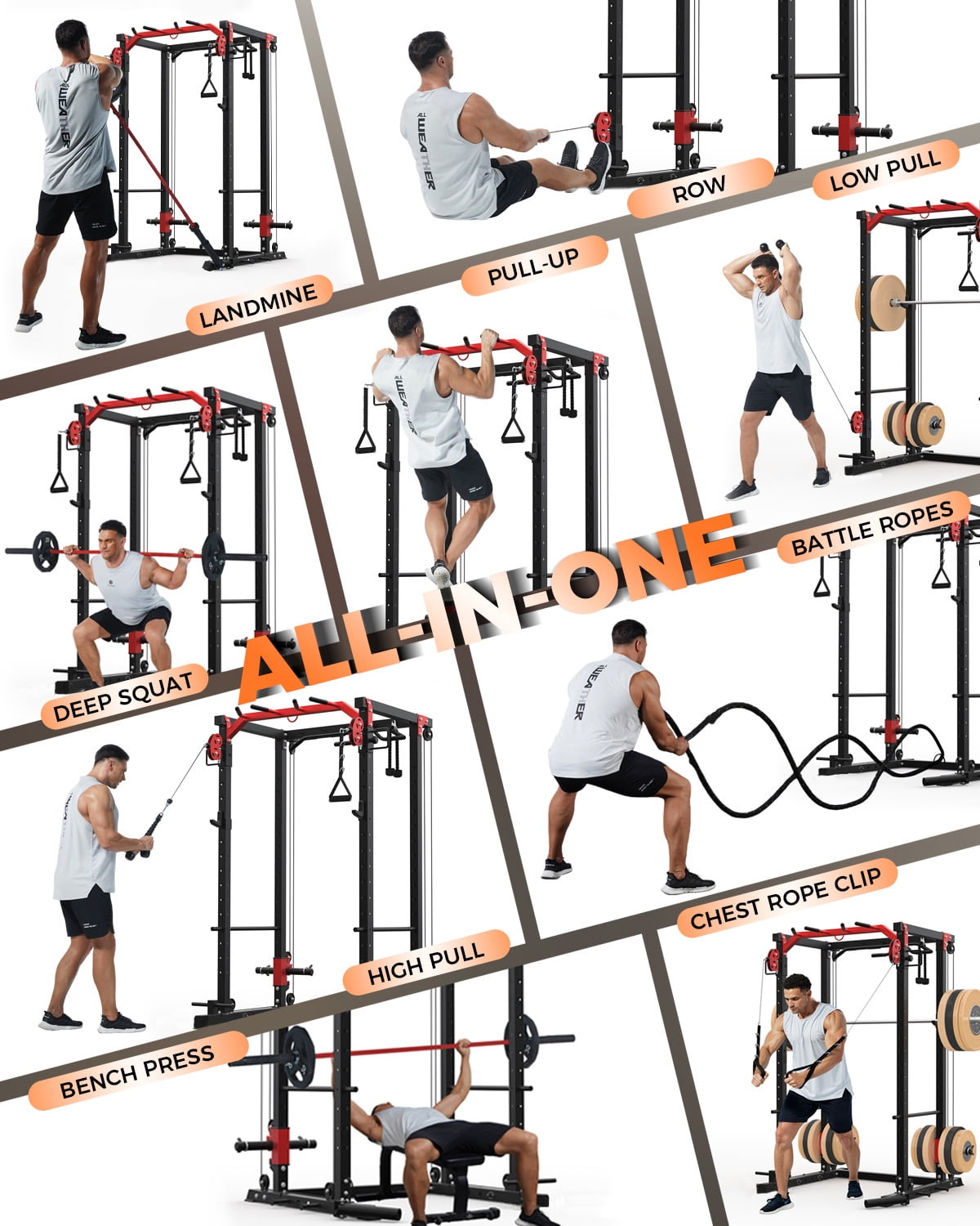 GARVEE Multi-Functional Squat Rack with LAT Pulldown System Exercise Power Cages,2000lb Capacity,Black&Red