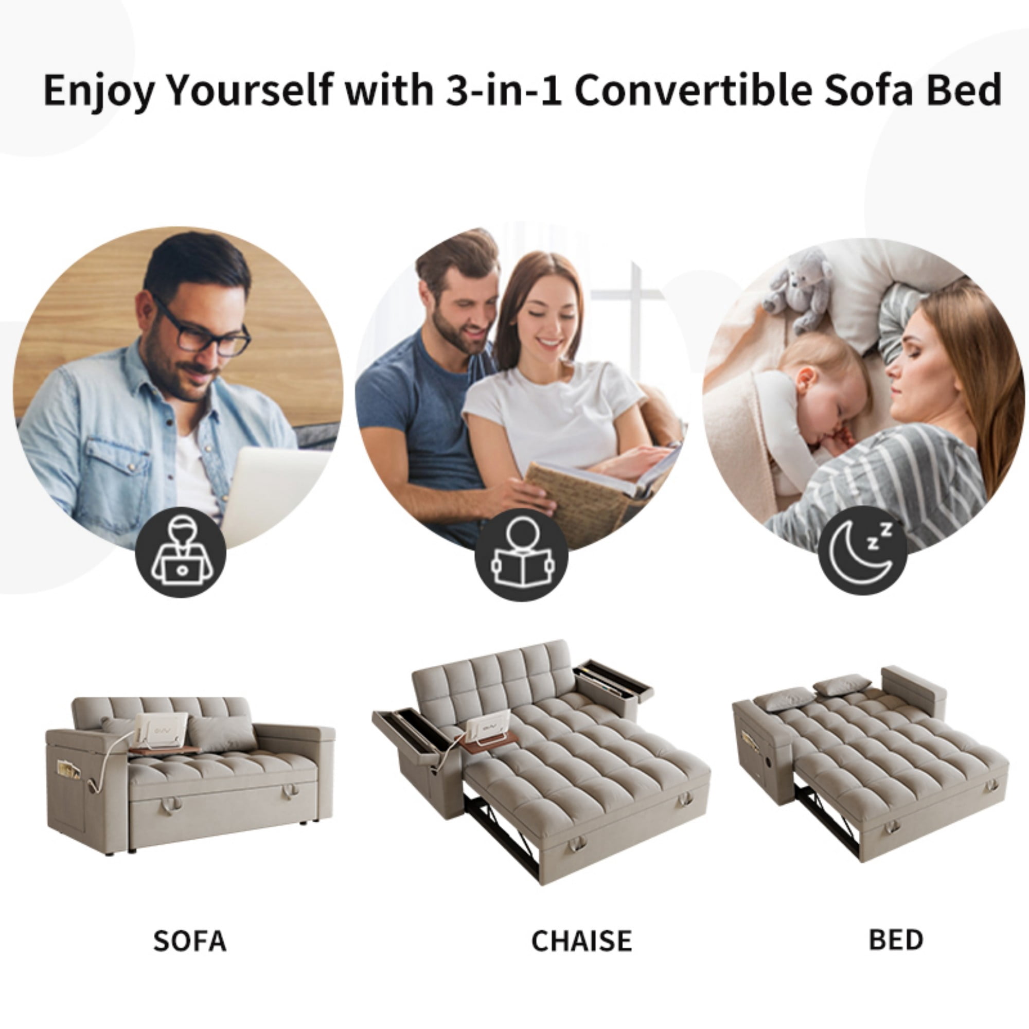 Gewnee 65" Foldable Sofa Bed with Table Board & USB,5-Level Adjustable Backrest & Pillow & Storage Armrests,Space-Saving for Living Room,Apartment,Office.Light Grey