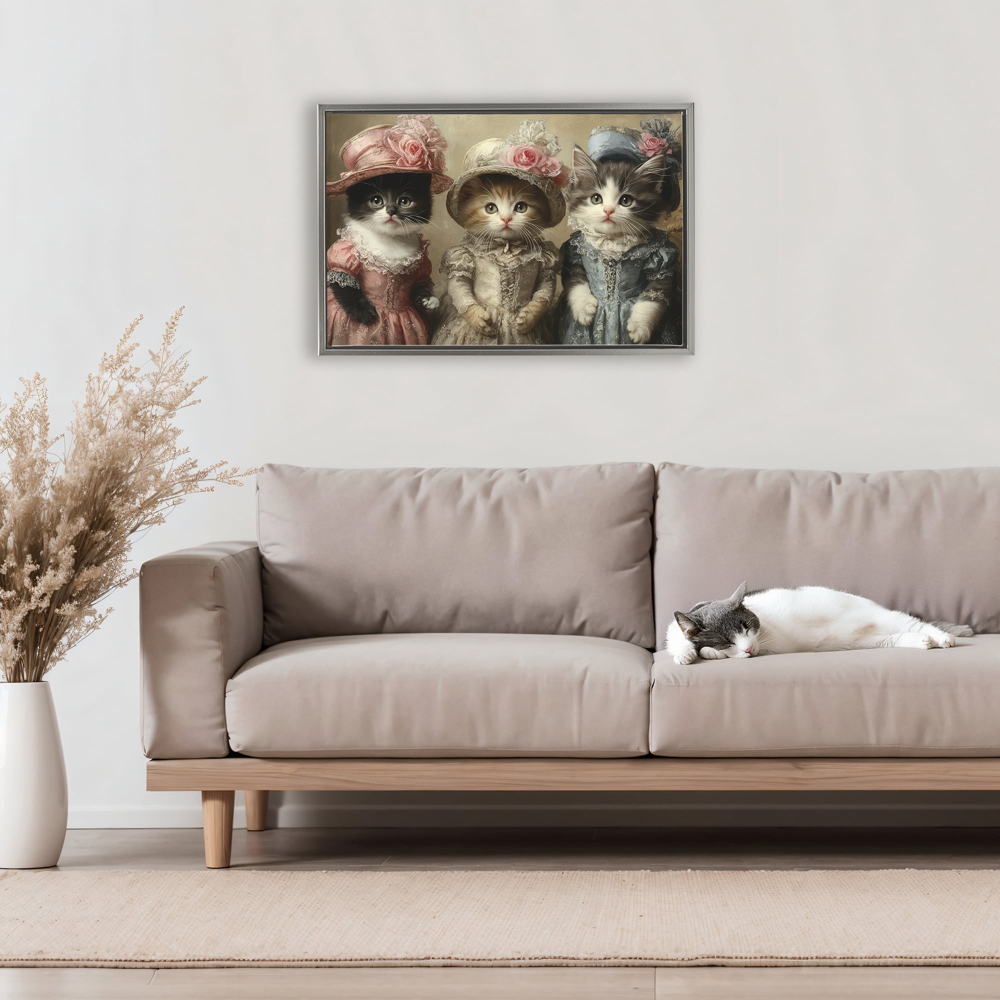 Stupell Industries Vintage Dress Cats Gray Framed Floater Canvas Wall Art, design by The Wands Want