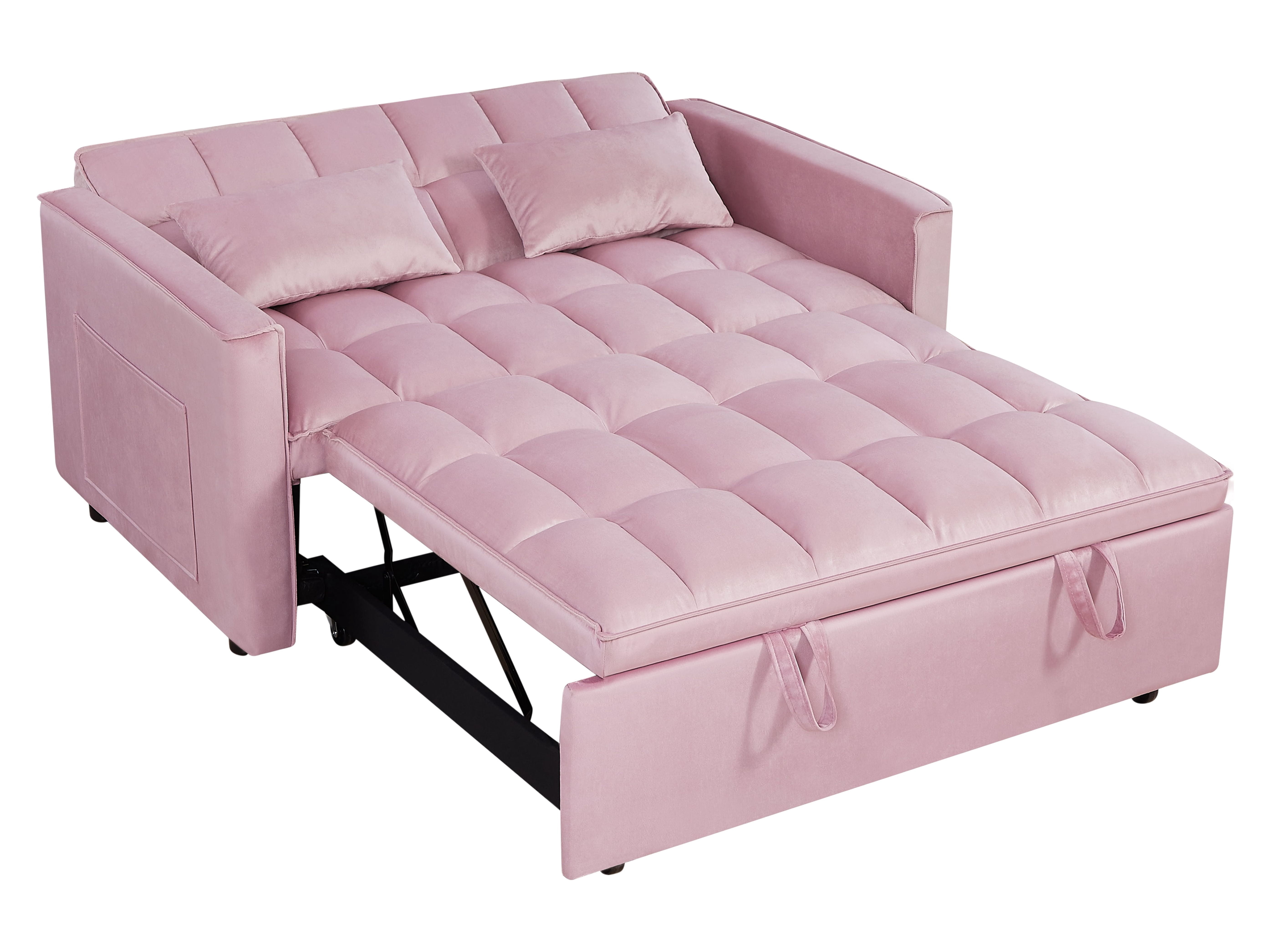 Gewnee 54" 3 in 1 Convertible Sleeper Sofa Bed,Velvet Pull Out Couch with Adjustable Backrest,Loveseat with Pillows & Pockets for Living Room,Apartment,Pink