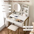 thumbnail image 4 of Leumius Small Vanity Desk with Mirror and Lights, Makeup Vanity Table with LED Mirror, 3 Lighting Modes, Power Outlet, Drawer, Open Shelves and Cushioned Stool for Bedroom (White and Gold), 4 of 7