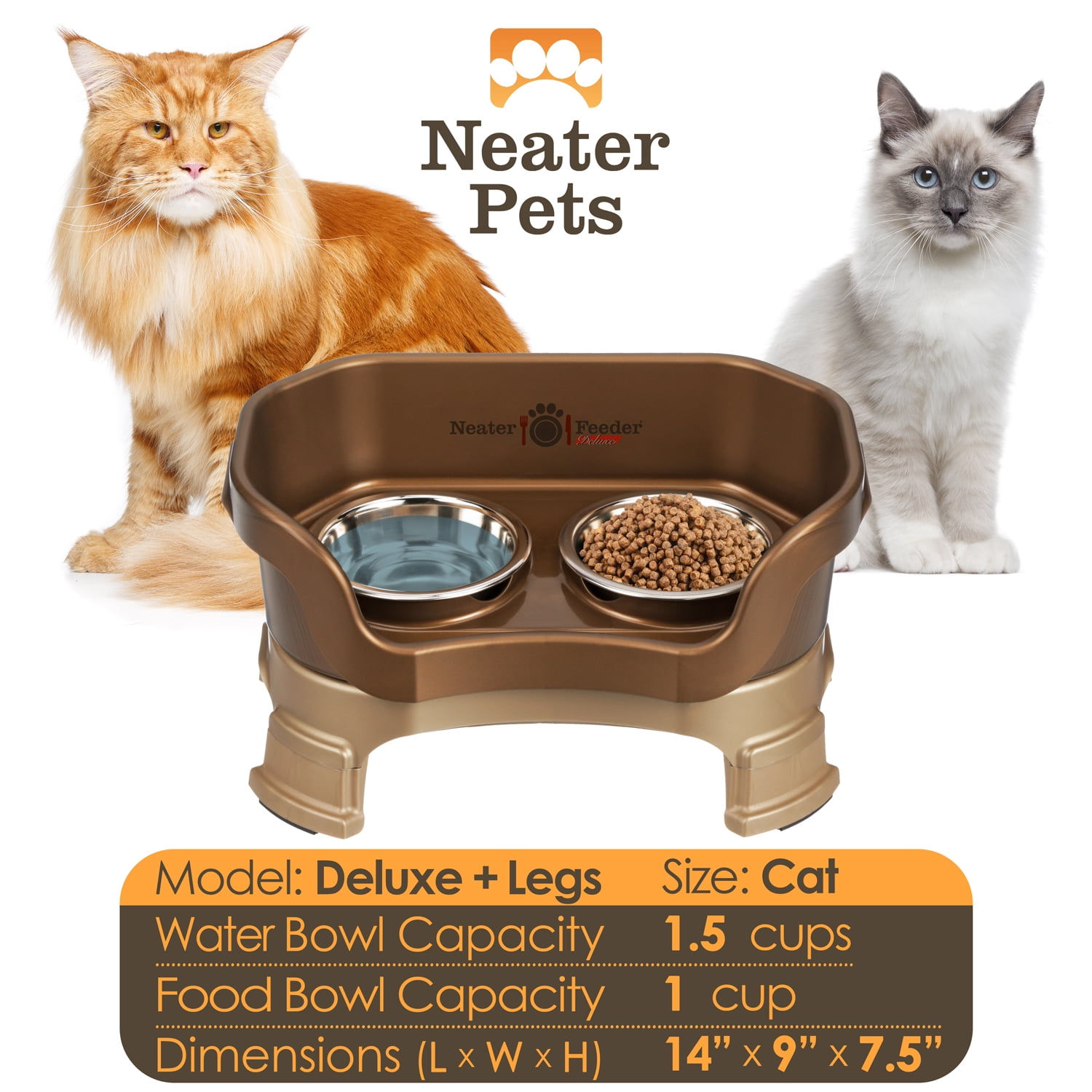 Neater Pets Neater Feeder Deluxe With Leg Extensions Mess-Proof Elevated Food & Water Bowls for Cats, Bronze