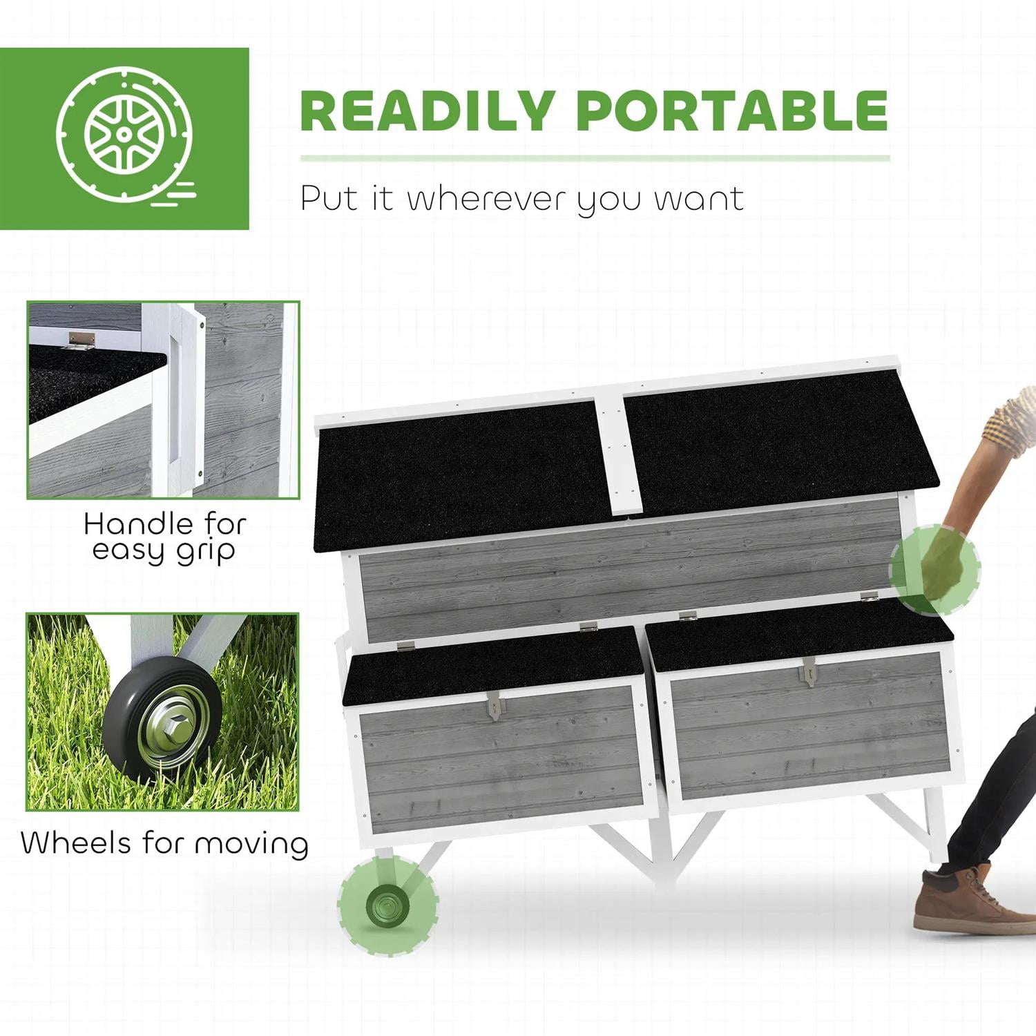 Pefilos 59" Large Chicken Coop Rabbit Hutch, Outdoor Wooden Poultry Cage Hen House with Nesting Box, Wheels, Tray for Garden Backyard, Gray