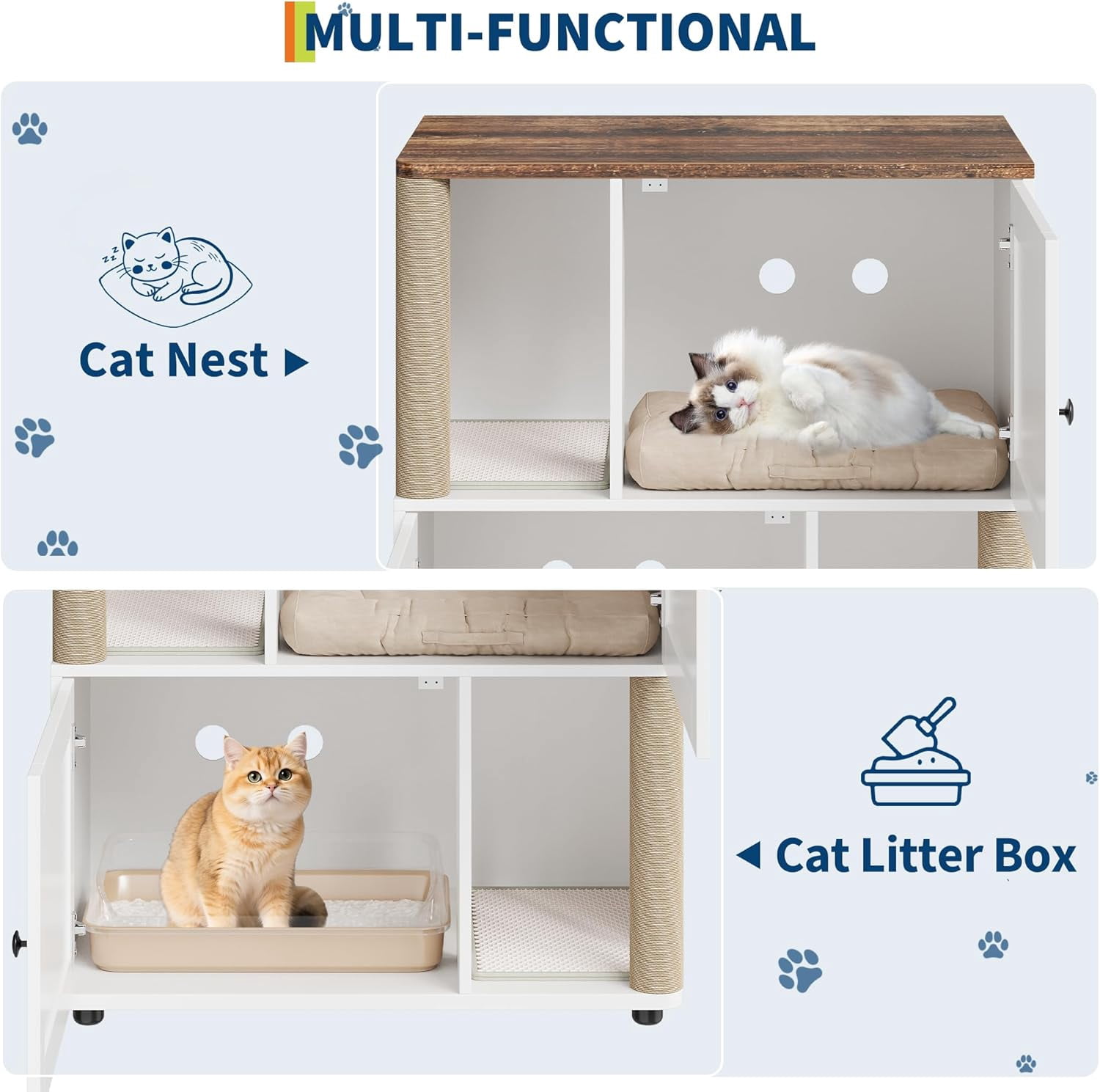 OUTGOODS Double Cat Litter Box Enclosure Furniture, Engineered Wood, Natural Finish