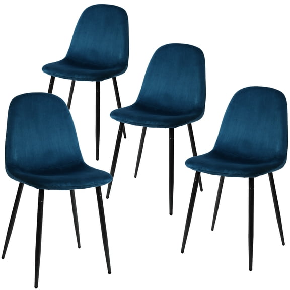 Set of 4 Modern Velvet Dining Chairs, Armless Upholstered Accent Chairs with Black Metal Legs, Dark Blue