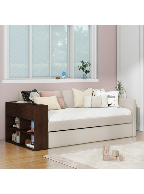 Euroco Upholstered Twin Bed with Trundle, Daybed with Desk and USB Charging, Sofa Bed with Cup Holder and Storage Shelf