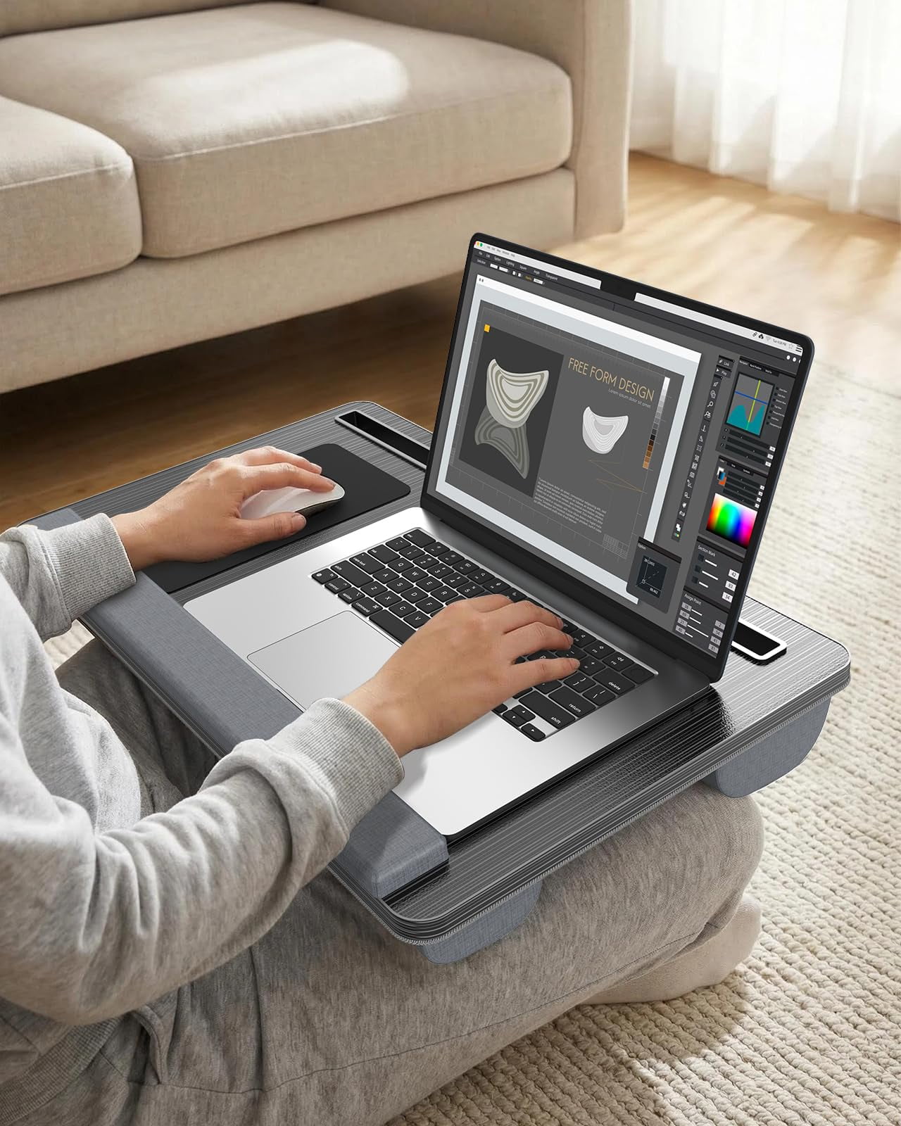 Lap Desk - Up To 17" Laptop With Wrist Rest  Portable Handle 2 Self-adhesive Pvc Mouse Pads Tablet & Phone Slots Stand For Bed Cushion (black)