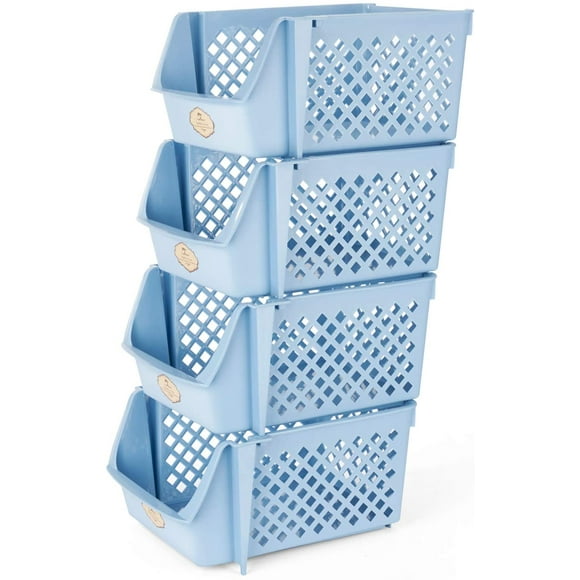 Stackable Storage Bins for Food, Snacks, Bottles, Toys, Toiletries, Plastic Storage Baskets Set of 4, 15x10x7 Inch/bin, All Blue Color, Storage Sins Stackable for Saving Place