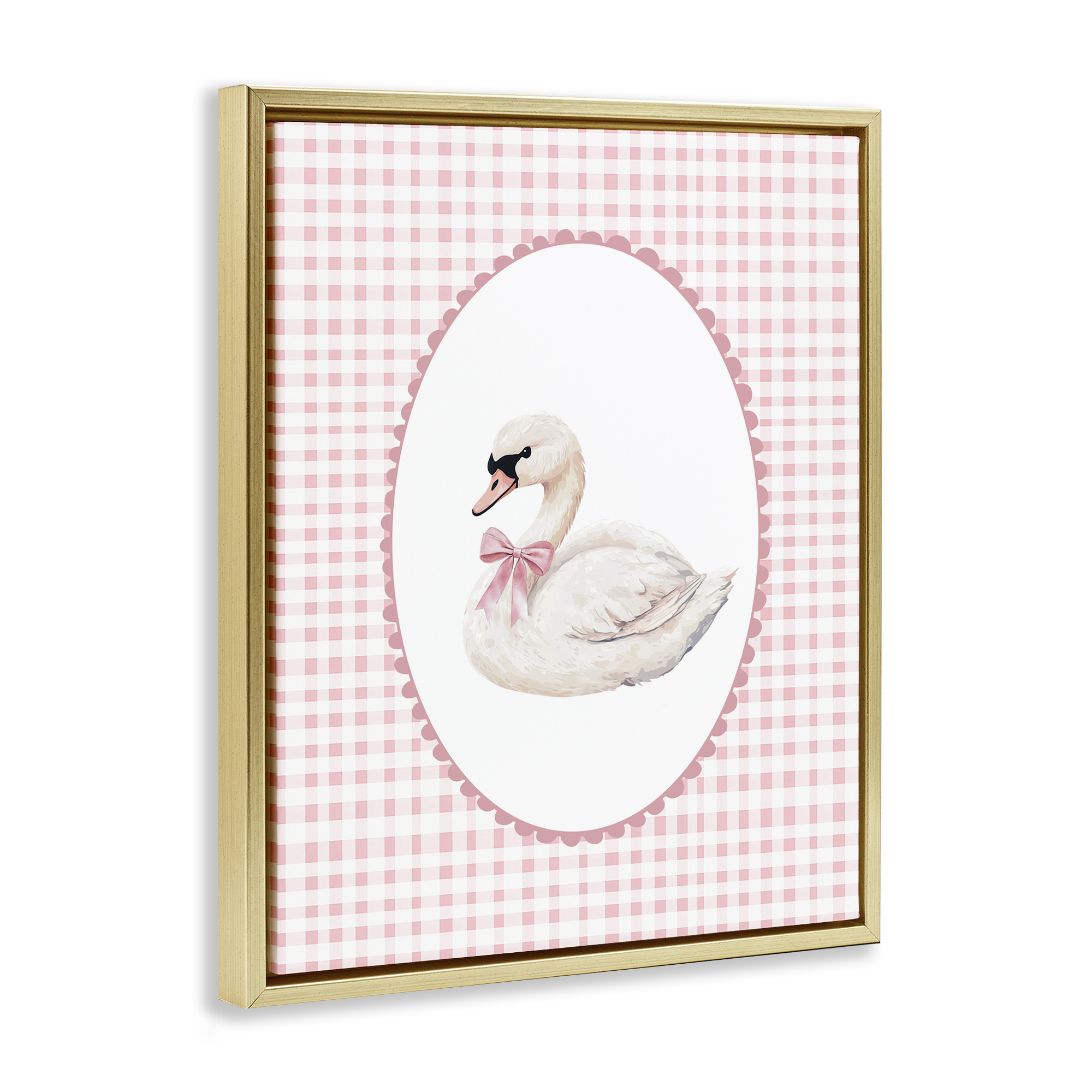 Gentle Swan on Pink Checkered Gold Framed Floater Canvas Wall Art, design by Christine Simpson Art