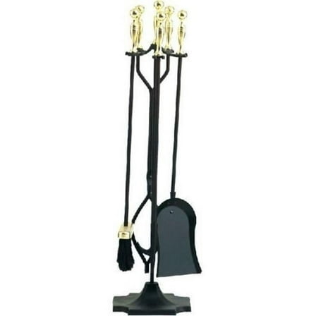 Fireplace Tool Set - Rail on Base, Black & Polished Brass - 5 Piece