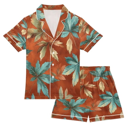 Children s Satin Pajama Sets Pajama Sets Button-Up Satin Pajama Set for Boys & Girls Colorful Green Leaf S