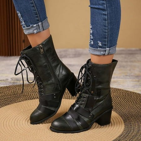 

Tdoqot Womens Martin Boots- Winter Retro Splicing Boots Chunky Heel Middle-Heels Pointed Toe Side Zipper Boots Army Green 42