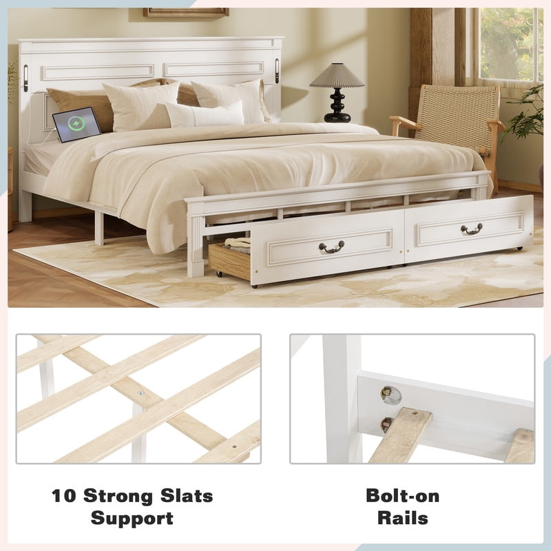 Mirightone King Bed Frame with 46" Tall Headboard, Farmhouse Solid Wood King Size Platform Bed with 2 Storage Drawers,LED Lights & USB Charging Station, White