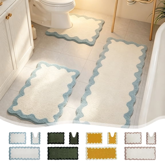 Dongrere 3-Piece Wavy Trim Bathroom Rug Set, Non-Slip Absorbent Bath Mat, Quick Drying Floor Mats for Home Hotel Bathroom, Blue