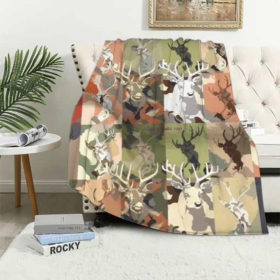 ONETECH Camouflage Deer Blanket for Girls Woman Deer Head Throw Blanket for Soft Cozy Warm Fuzzy Deer Elk Blanket Gifts for Kids Man Adults Couch Sofa Bed