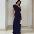 thumbnail image 3 of Navy Blue Women One Shoulder Ruched Maxi Dress Asymmetrical Draped Neck Slim Fit Evening Party Gown, 3 of 5