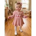 thumbnail image 5 of RUINIXCW Baby Girl Fall Outfits Goose/Strawberry Long Sleeve Ruffled Smocked Bubble Romper Dress and Bow Headband 2 Piece Set, 5 of 9