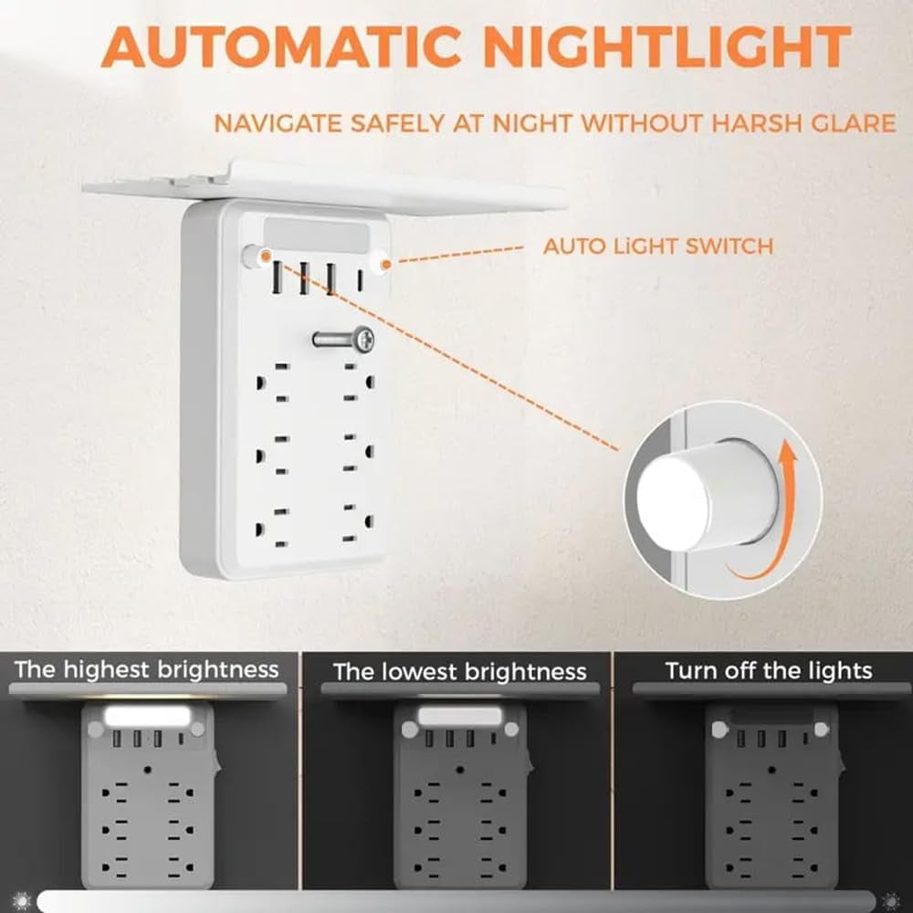 Preliminark Wall Outlet Extender with Shelf Night, Multi-Plug Outlet Splitter with Detachable Mobile Storage Rack, Power Socket Expander USB Wall Charger 6 AC outlets and 3 USB Ports with 1 USB 2pcs